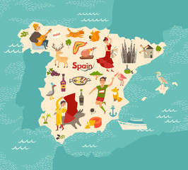 Spain map vector. Illustrated map of Spain for children/kid. Cartoon abstract atlas of Spain with landmark: flamenco, guitar, sangria, paella, bullfight and jamon