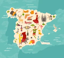 Spanien Kartenvektor. Illustrierte Karte von Spanien für Kinder/Kind. Cartoon abstrakter Atlas von Spanien mit Wahrzeichen: Flamenco, Gitarre, Sangria, Paella, Stierkampf und Jamon © coffeee_in