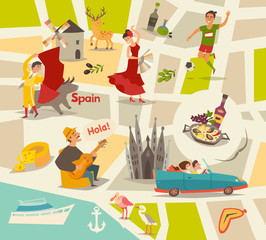 Abstract Spain vector map. Illustrated map of Spain for children/kid. Cartoon Europe atlas with spain landmark: flamenco, guitar, sangria, paella, bullfight,football and jamon