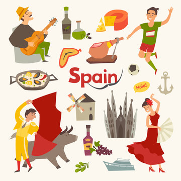 Spain traditional symbols set.Travel tourist element.Hola sign.Traditional spainish corrida, flamenco, guitar.Spanish food: jamon, olive oil, paella,sangria cartoon style.Isolated vector illustration