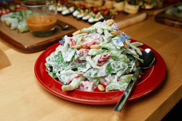 salad with beans and greens on a table in a restaurant
