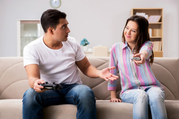 Young family suffering from computer games addiction