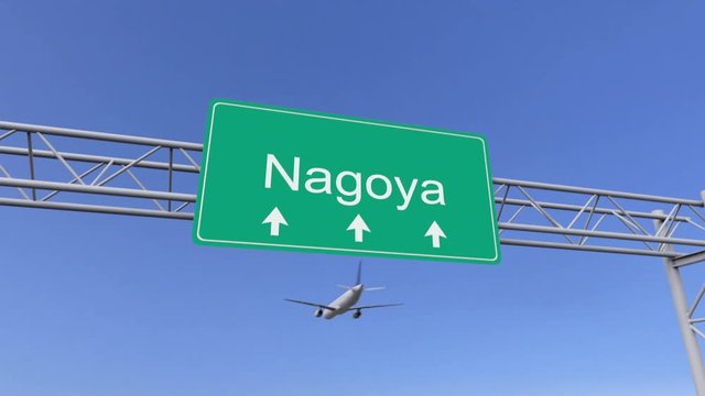Twin engine commercial airplane arriving to Nagoya airport. Travelling to Japan conceptual 4K animation