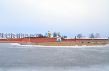 Frozen River Neva and bastion of Peter Paul Fortress.