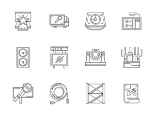 Stage equipment flat line vector icons set