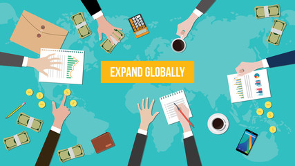 expand globally concept discussion illustration with paperworks, money and folder document on top of table