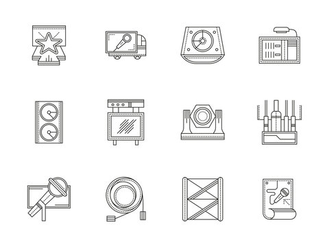 Stage equipment flat line vector icons set