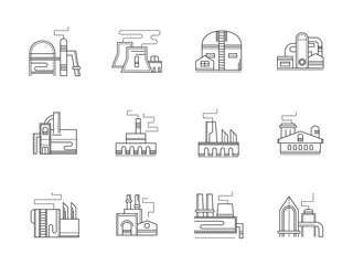 Industrial buildings flat line vector icons set