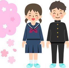 制服を着た笑顔の男女と桜