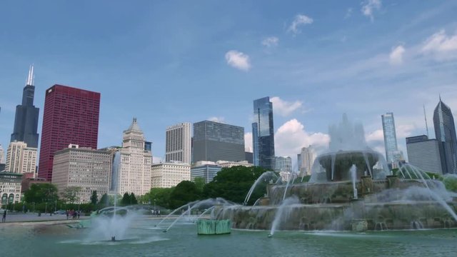 Chicago Downtown Skyline from the Buckingham Fountain View.
Video time lapse of Chicago downtown skyscrapers behind the Buckingham Fountain waters.
