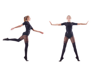 Young woman dancing on white background