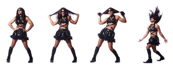 Man wearing woman clothing on white