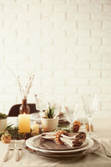 Table served with succulents for dinner in living room