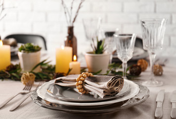Table served with succulents for dinner in living room