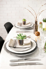 Table served with succulents for dinner in living room