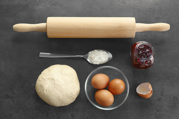 Ingredients for dough on kitchen table