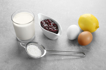 Ingredients for dough on kitchen table
