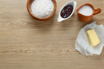 Ingredients for dough on kitchen table