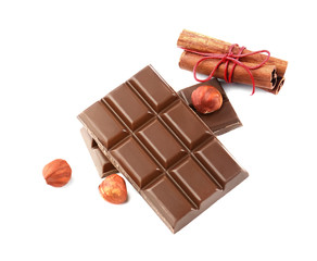 Chocolate pieces on white background
