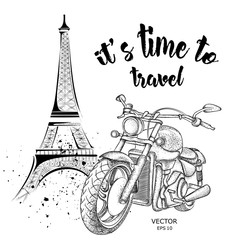 Hand drawn vintage motorcycle on background.  France, Paris, Eiffel Tower.  Vector illustration