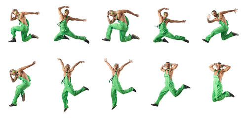 Construction worker jumping and dancing