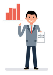 Young businessman showing graph on profit growth and keeps the documents. Cartoon vector flat-style illustration.