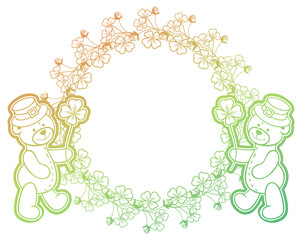 Gradient frame with shamrock and cute teddy bear. Raster clip art.