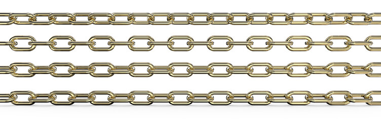 Gold Chains. Set of 4 Gold Chains. Different rotations and Wide ratio. 3 top are Isolated,  3D render.