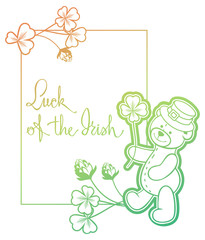 Contour color gradient frame with shamrock, teddy bear.  Raster clip art.