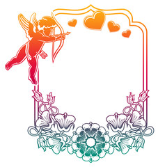 Cupid with bow hunting for hearts. Raster clip art.