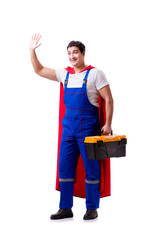 Superhero repairman isolated on white background
