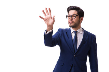 Young businessman pressing virtual buttons isolated on white