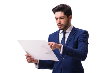 Businessman working on tablet isolated on the white background