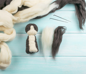 Workplace with tools, needle and skeins of wool for felting toys.