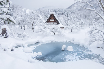 Famous traditional gassho-zukuri farmhouses in Shirakawa-go village, Japan.In the winter all...