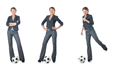 Businesswoman with football on white