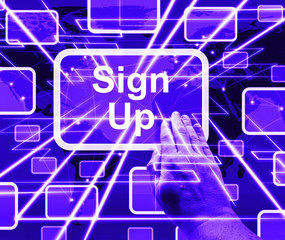 Sign Up Button On Blue Showing Subscription 3d Illustration