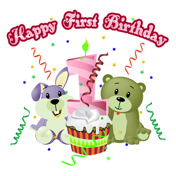 Happy First Birthday Showing Happiness Celebrate 3d Illustration