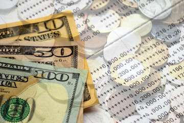 Dollar cash and bank statement, finance saving and investment concept, double exposure