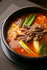 yukgaejang korean style tofu stew, korean traditional soup,
