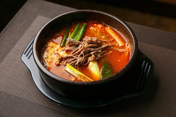 yukgaejang korean style tofu stew, korean traditional soup,