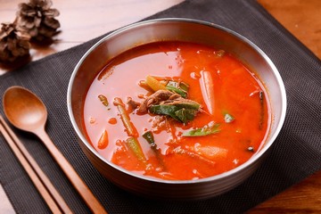 yukgaejang korean style tofu stew, korean traditional soup,