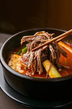yukgaejang korean style tofu stew, korean traditional soup,