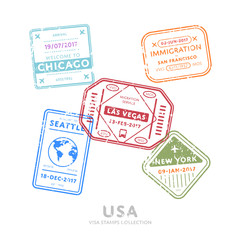 Usa travel visa stamps vector isolated on white background. Arrivals sign rubber stamps. Chicago, San Francisco, Las Vegas, New York, Seattle cities sign.