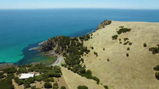 Slow descend over countryside and ocean. Kangaroo Island, South Australia