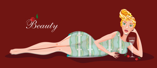 vector illustration of a beautiful fashion blond woman with a glass of wine 