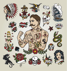 Tattoo flash set. Isolated tattoo hipster man and various tattoo images. - 136882163
