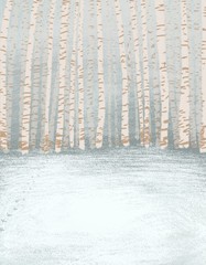 pastel color illustration of winter birch forest background and texture 