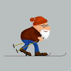 Fototapeta na wymiar Ridiculous caricature, the elderly man on skis, a vector illustration.