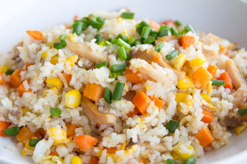 Delicious fried rice on white plate background